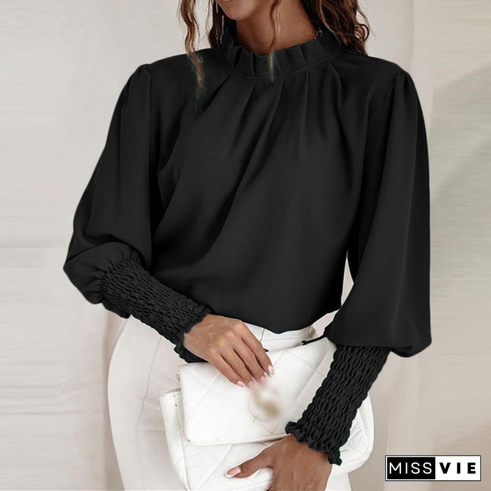 Plus Size Womens Puff Long Sleeve Blouse Ruffled Stand Collar Pleated Casual Shirt Ladies Tops S-5XL