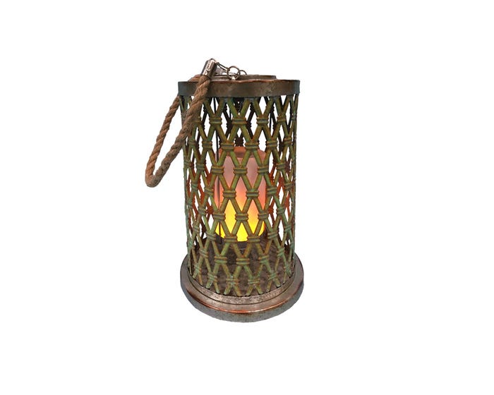 Alpine Green Solar Diamond Weave Metal Lantern with Flickering Orange LEDs - QLP1350SLR-HH-TM