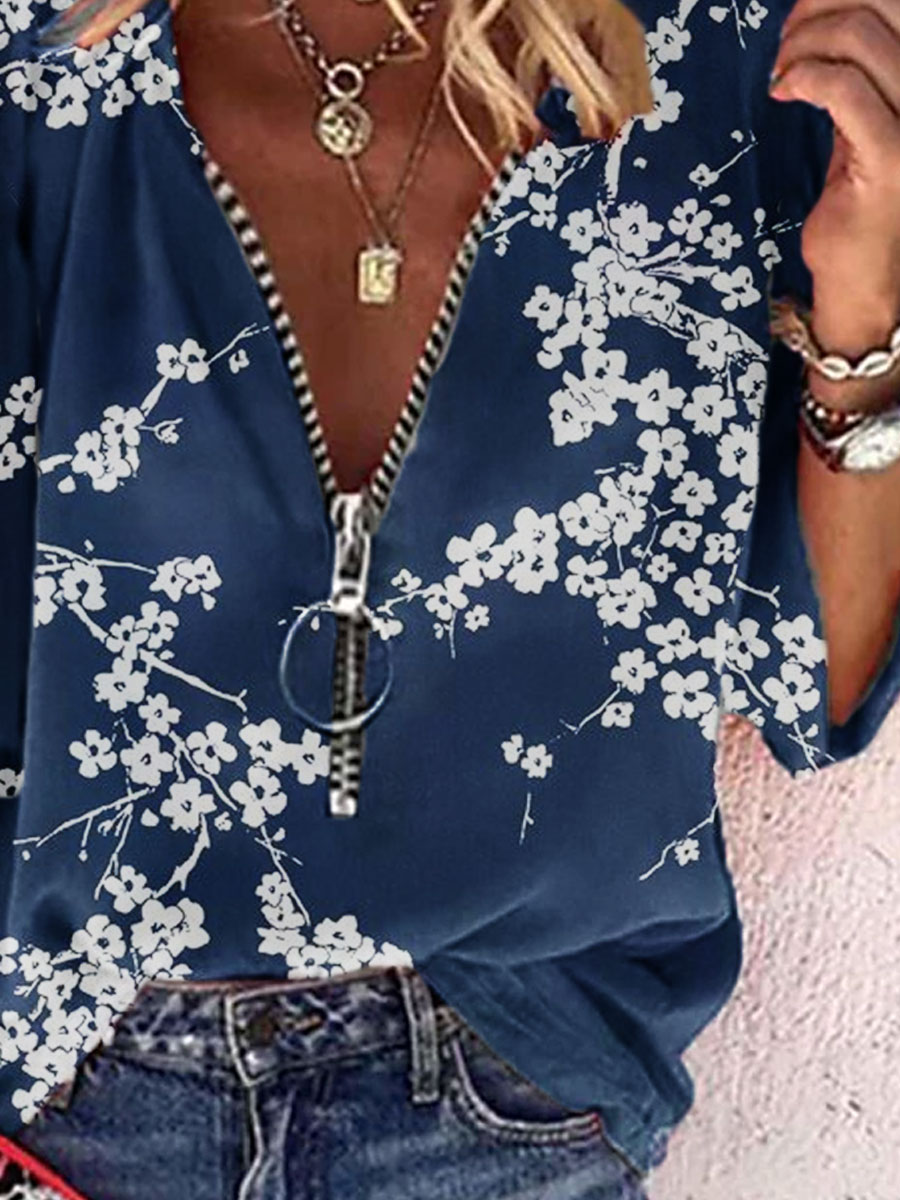 V-neck Zipper Floral Print Casual Loose Long-sleeved Blouse