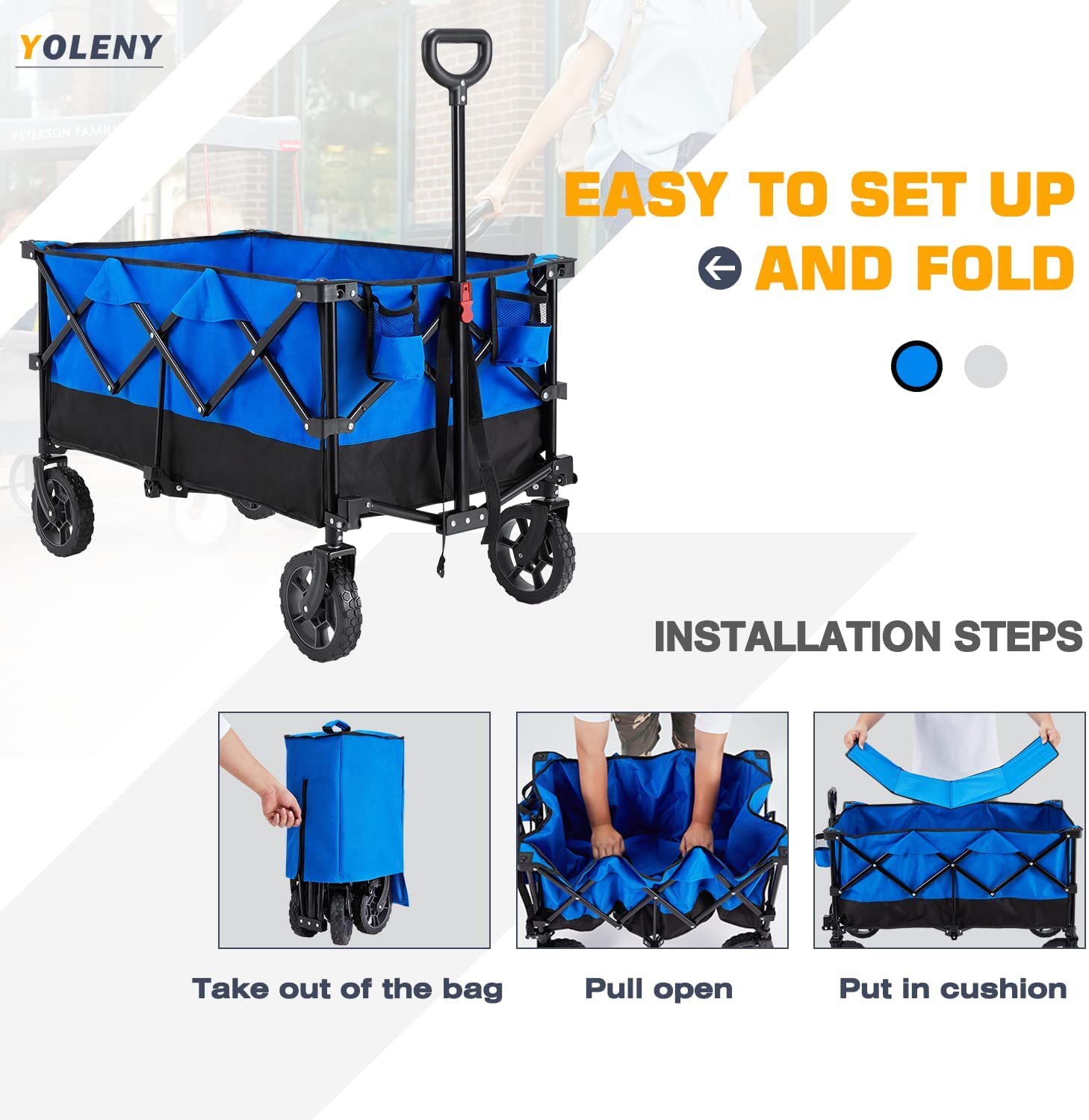 Mellcom Folding Wagon Cart, Outdoor Utility Foldable Trolley for Travel, Shopping, Camping, Blue