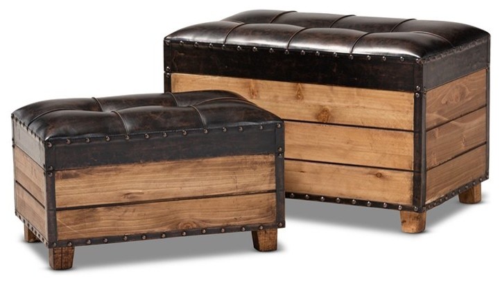 Baxton Studio Marelli Faux Leather and Wood Storage Ottoman in Brown Set of 2   Rustic   Footstools And Ottomans   by Ezmod Furniture  Houzz