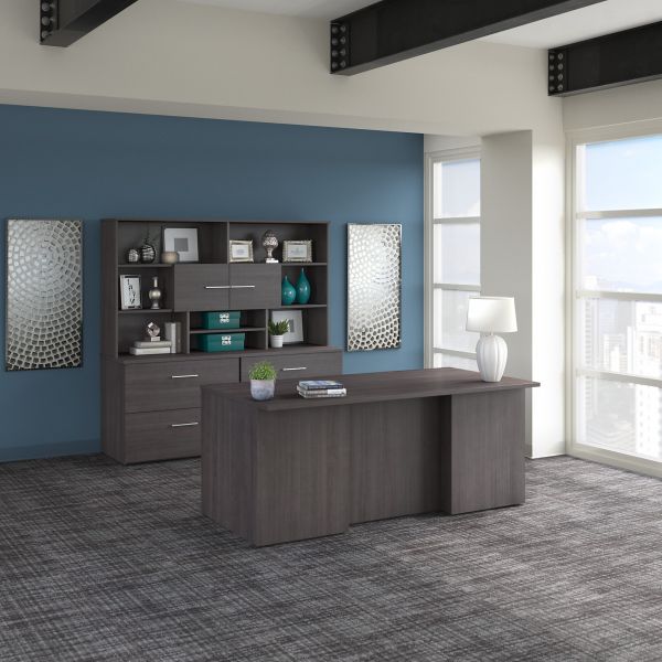 Bush Business Furniture Office 500 72W x 36D Executive Desk with Drawers， Lateral File Cabinets and Hutch in Storm Gray