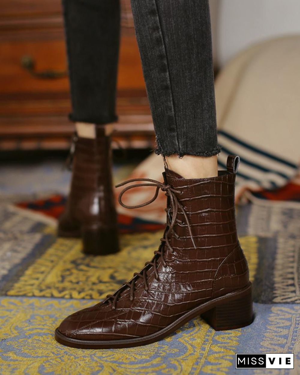 Pointed-toe Crocodile Leather Martin Boots