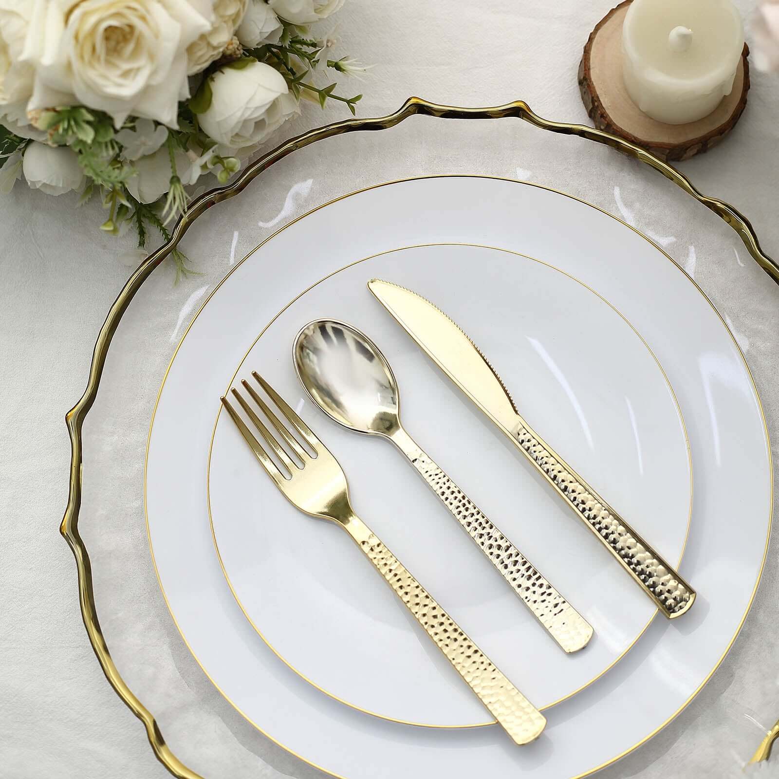 24 Pack Hammered Design Gold Heavy Duty Plastic Silverware Set 7