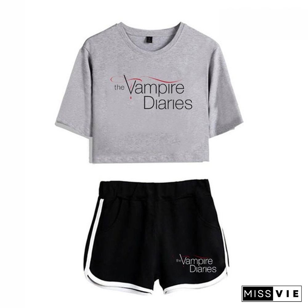 Summer Funny the Vampire Diaries Two Piece Set Summer Harajuku Cotton Print Crop Top T Shirt and Shorts