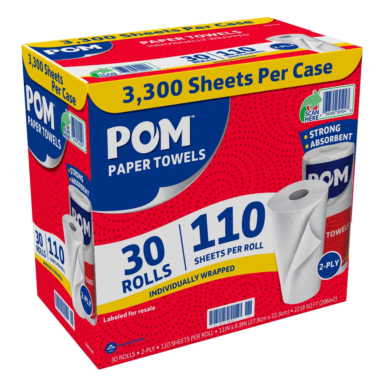 POM Individually Wrapped 2-Ply Paper Towels (110 sheets/roll， 30 rolls)