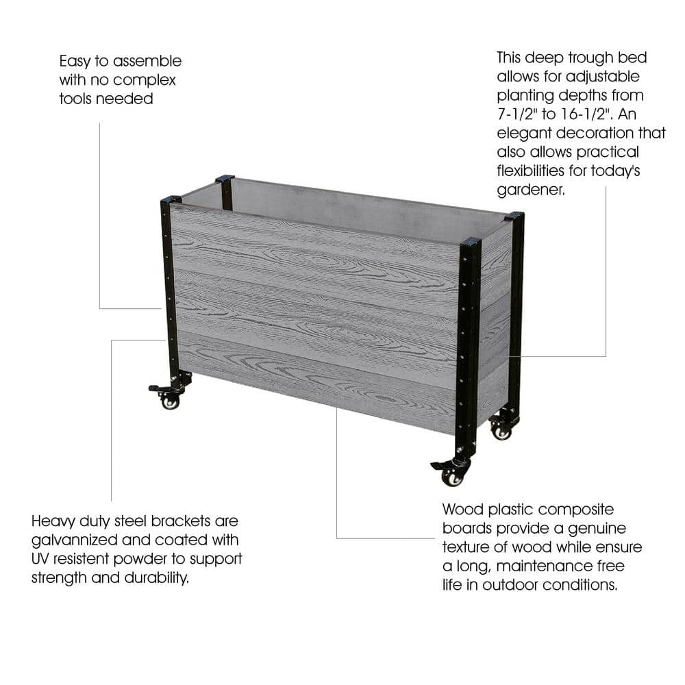 EverBloom 12 in. D x 24 in. H x 36 in. W Grey and Black Composite Board and Steel Mobile Deep Trough Planter Box Raised Garden Bed K2112G