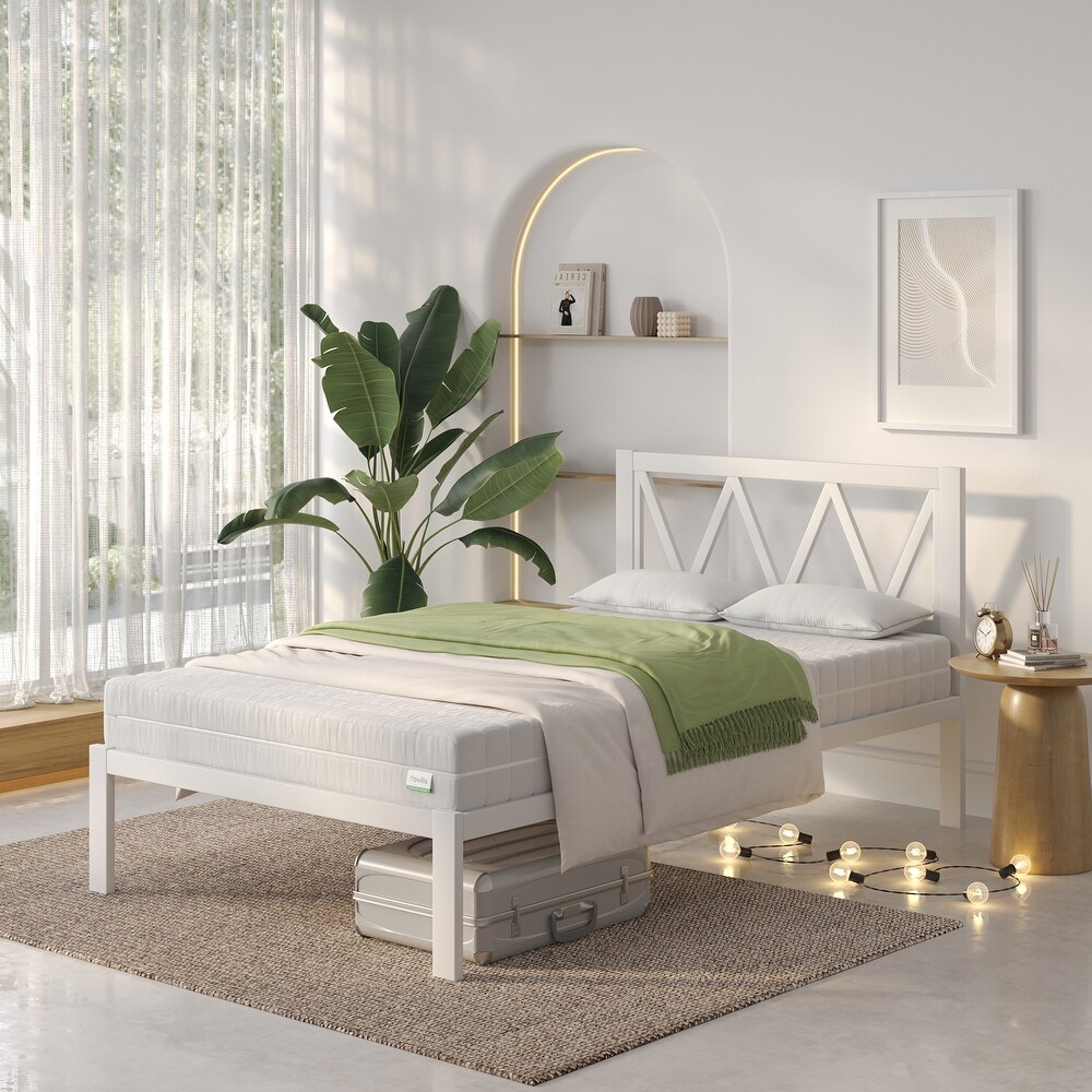 Novilla Metal Bed Frame with Headboard  Wood Slat Support White