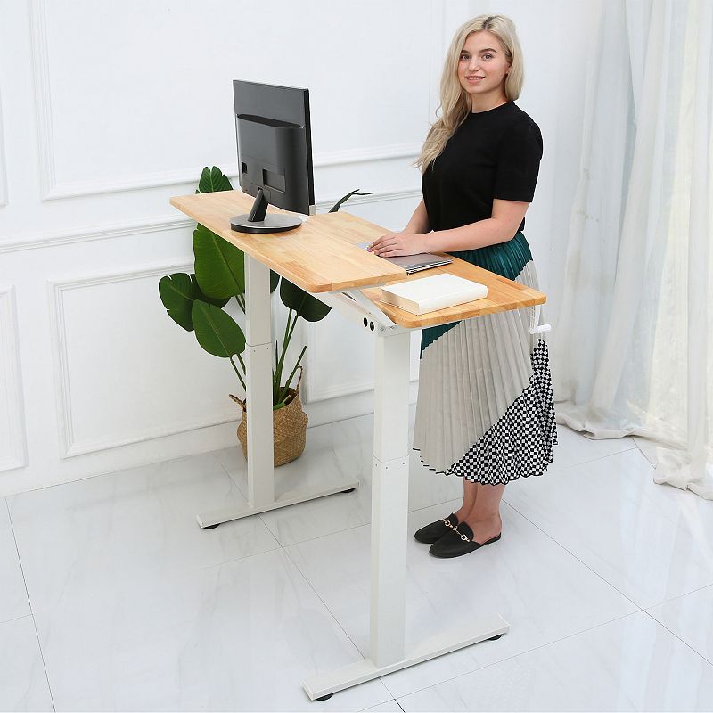 SDADI Adjustable Height Steel Frame 2 Tier Standing Desk w/ Crank， Black/Teak