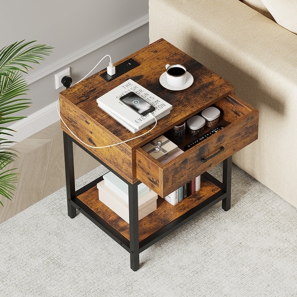 Nightstand-Bedside Table with Charging Station Type-CandUSB Ports， Modern End Table