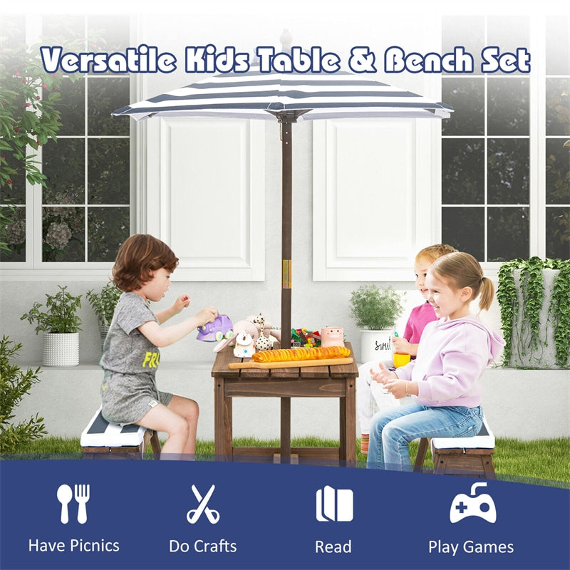 Wooden Kids Picnic Table Bench Set Children Outdoor Activity Table with Cushions & Height Adjustable Umbrella