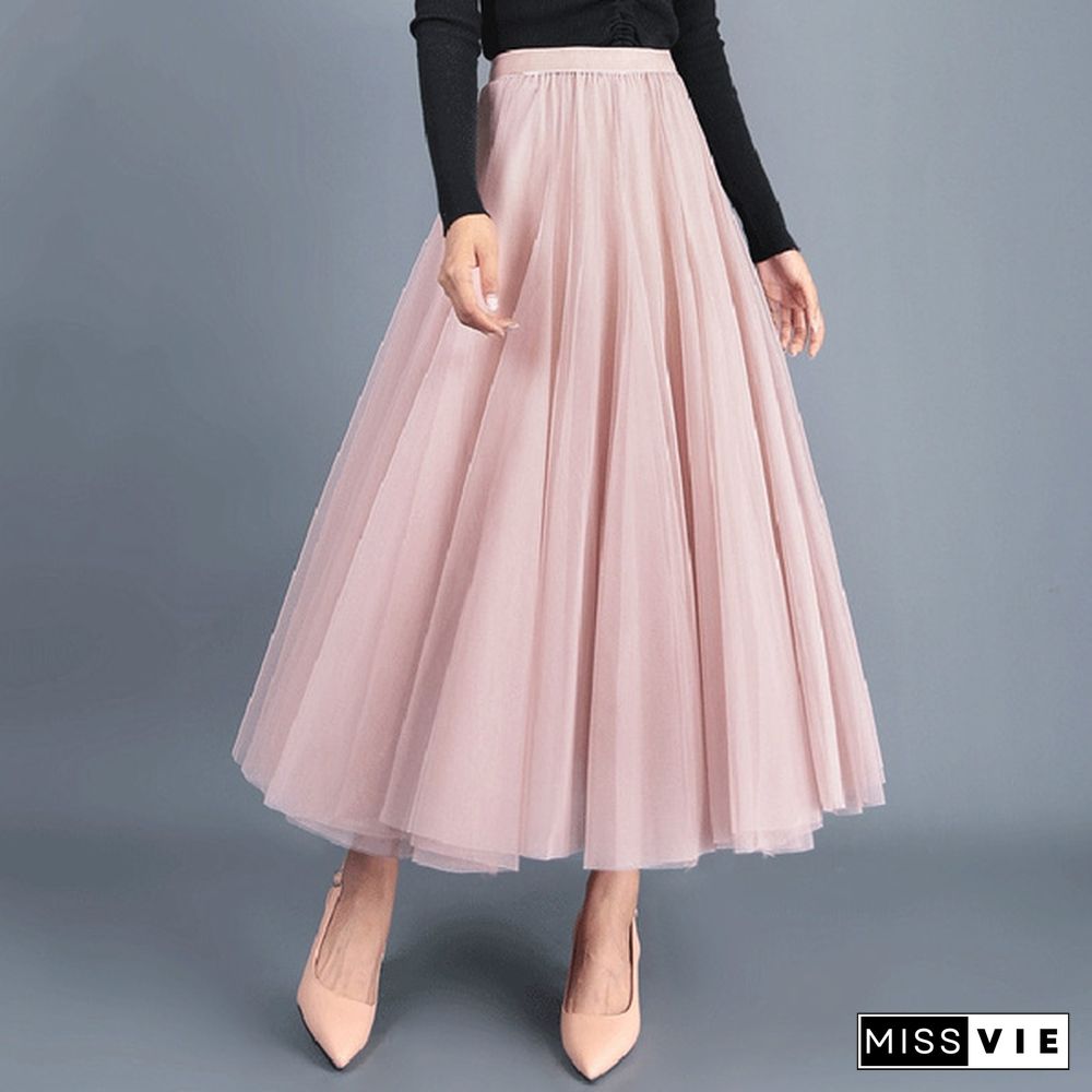 Tulle Skirts Womens Midi Pleated Skirt Black Pink Tulle Skirt Women Spring Summer Korean Elastic High Waist Mesh Tutu Skirt