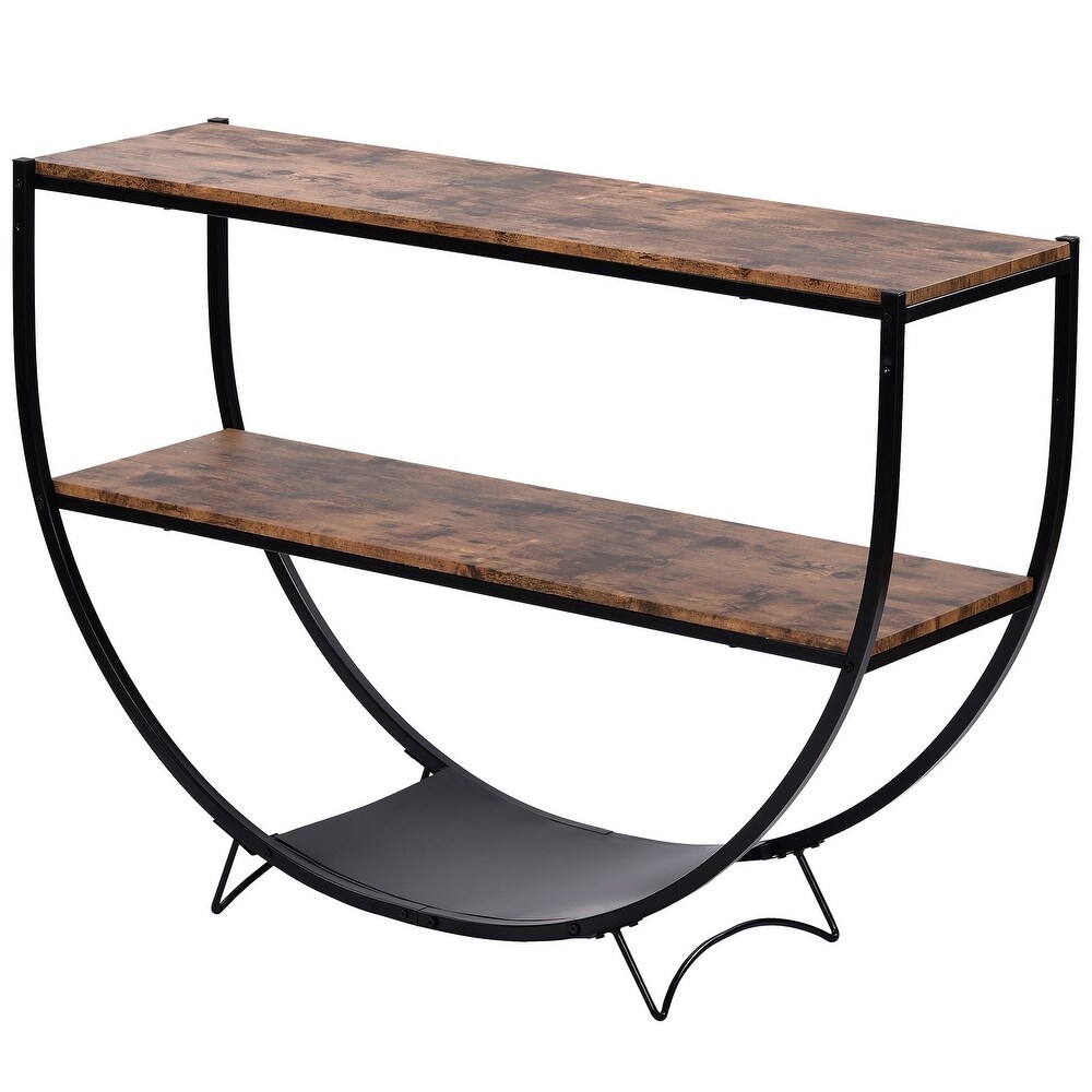 Rustic Industrial Design Demilune Shape Textured Metal Distressed Wood Console Table