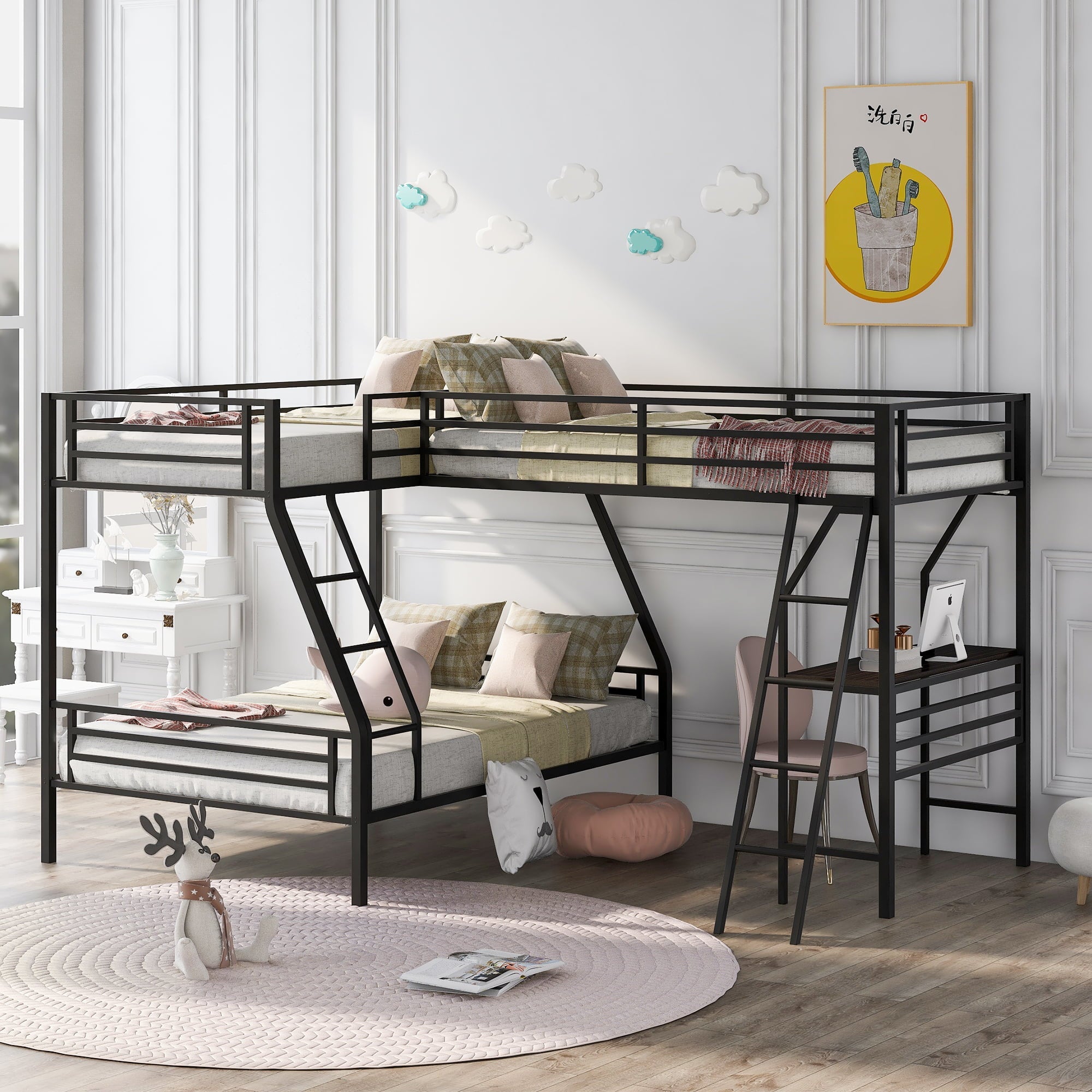 Euroco Twin L-Shaped Metal Bunk Bed with Built-in Study Desk for Kids' Bedroom, Black