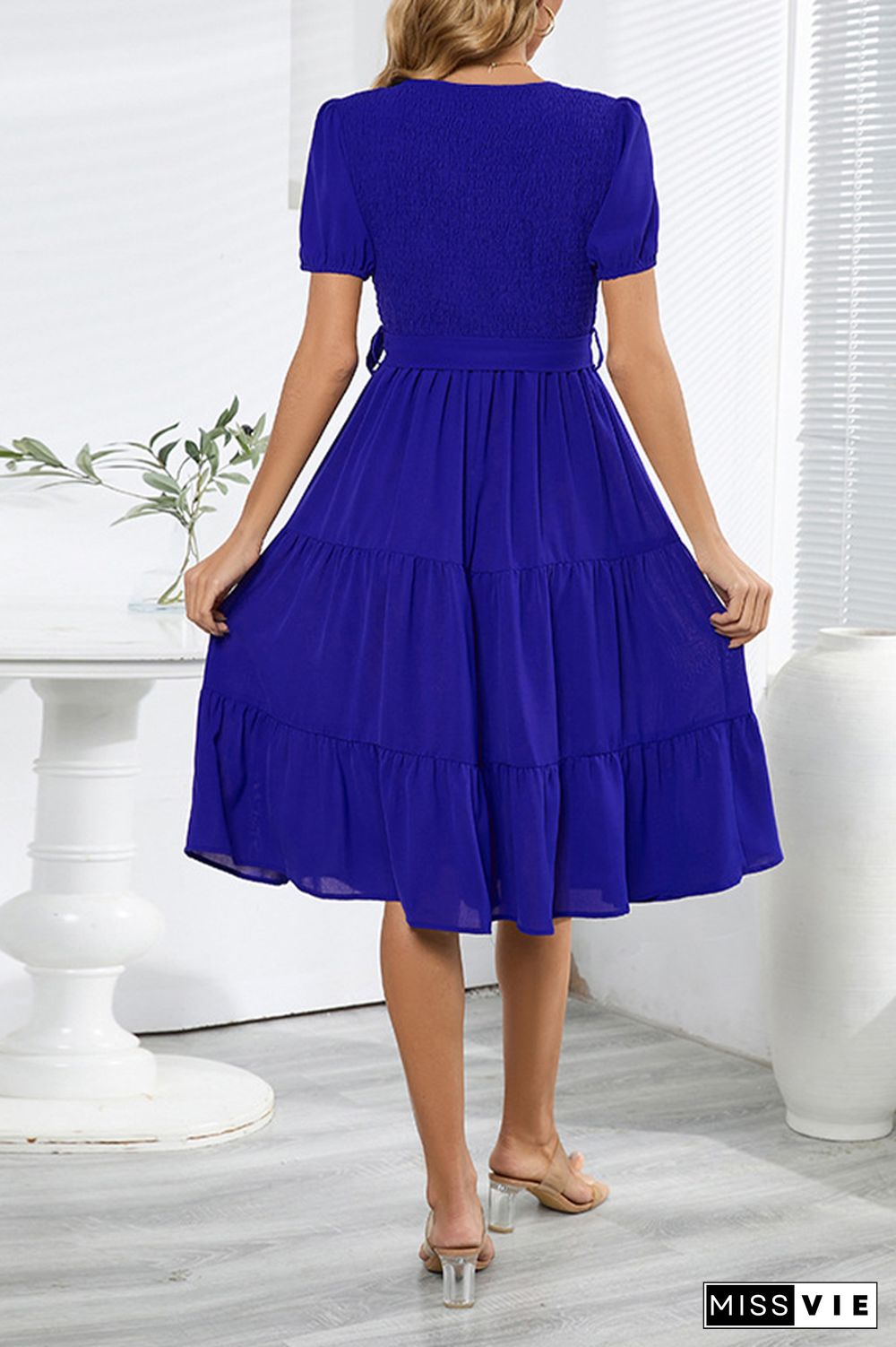 Plain V Neck Smocked Puff Tiered Midi Dress