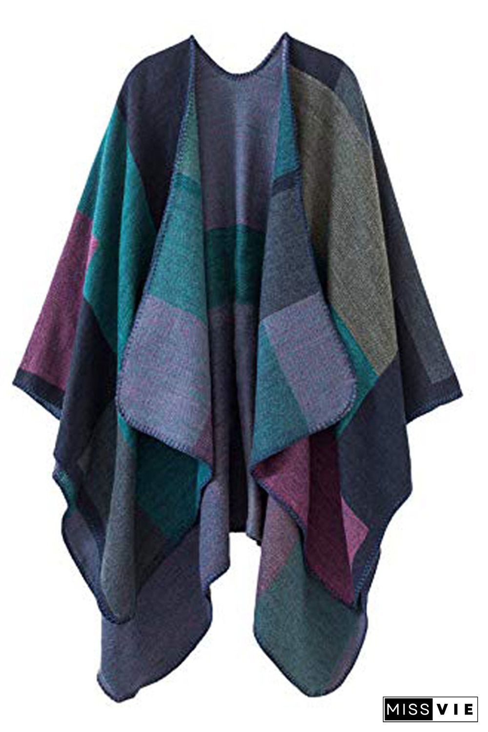 Colorblock Contrast Front Open Plaid Cape Cover Up