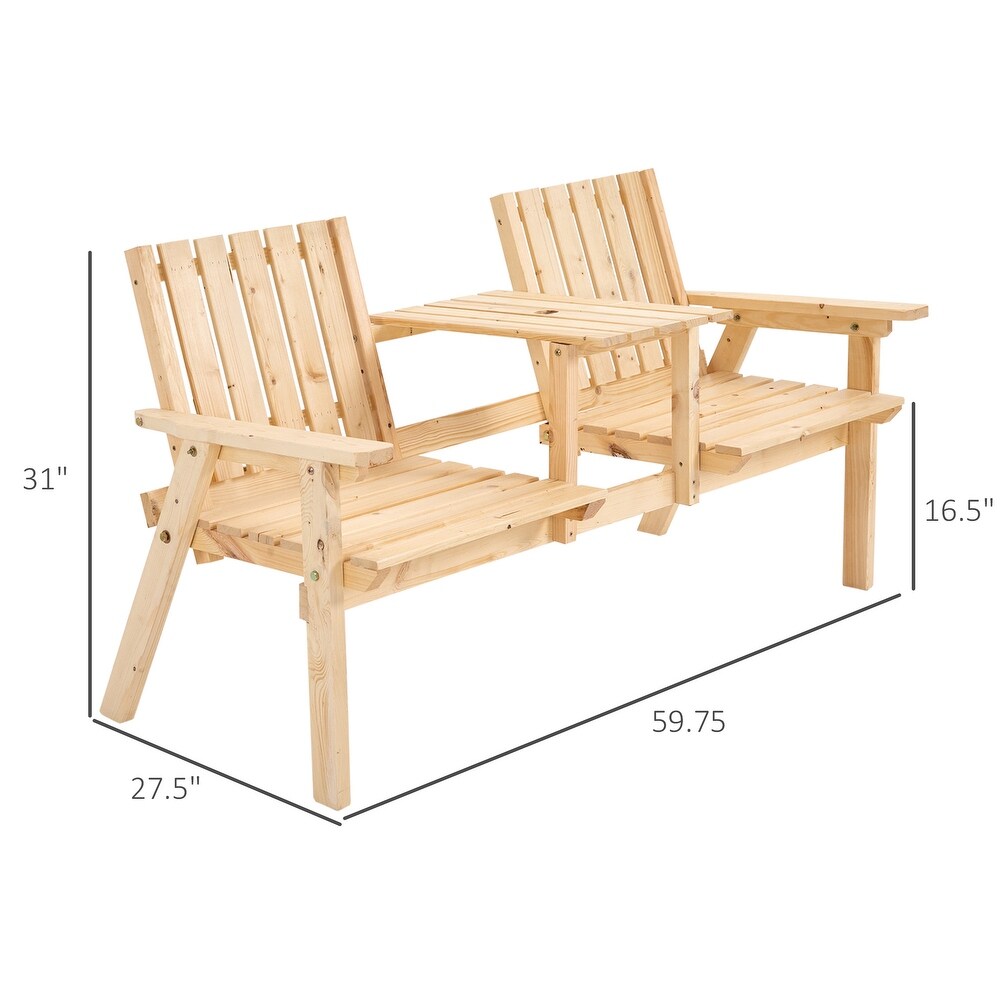 Outsunny Outdoor Patio Wooden Double Chair Garden Bench with Middle Table   Natural Weather Fighting Materials   60\