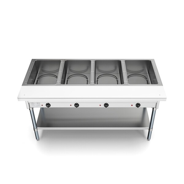 4-Pan Open Well Commercial Electric Stainless Steel Steam Table with Undershelf， Warming Control Knobs， and Front Serving Area