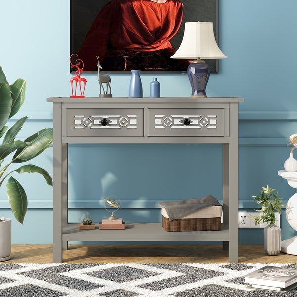 Classic Console Table with Hollow-out Decoration 2 Top Drawers and a Large Space Open Shelf， Modern Sofa Table for Living Room