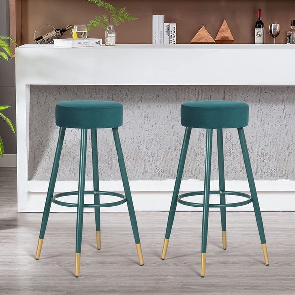 Adeco Velvet Bar Stools， Set of 2 Round Upholstered Breakfast Stools Footrest - 20.5