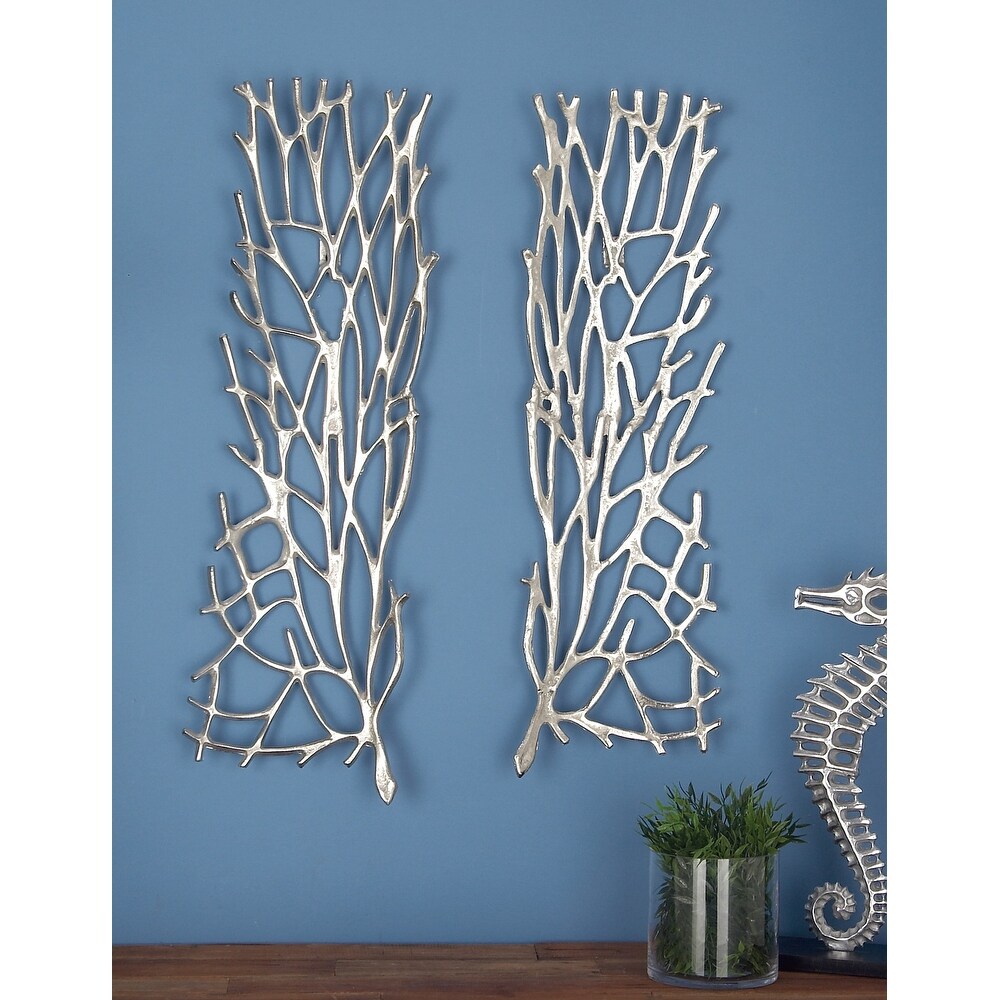 Contemporary Modern Metal Botanical Coral Wall Sculpture Silver or Gold   Set of 2