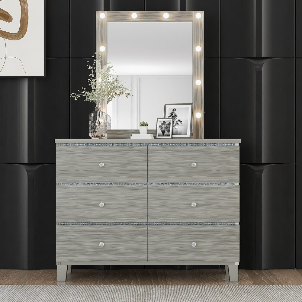 Champagne Silver Dresser with 6 Drawers and LED Lights Mirror