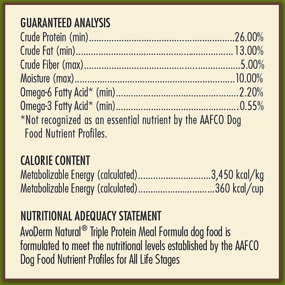 AvoDerm Natural Triple Protein Chicken， Lamb and Turkey Meals Recipe All Life Stages Dry Dog Food