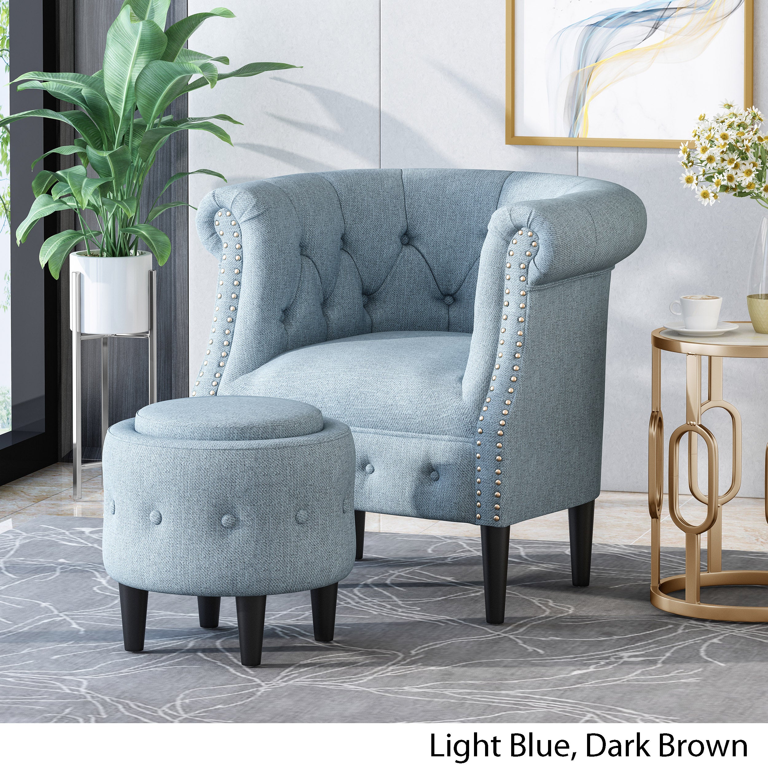 Noble House Beihoffer Chair & Ottoman Sets, Light Blue