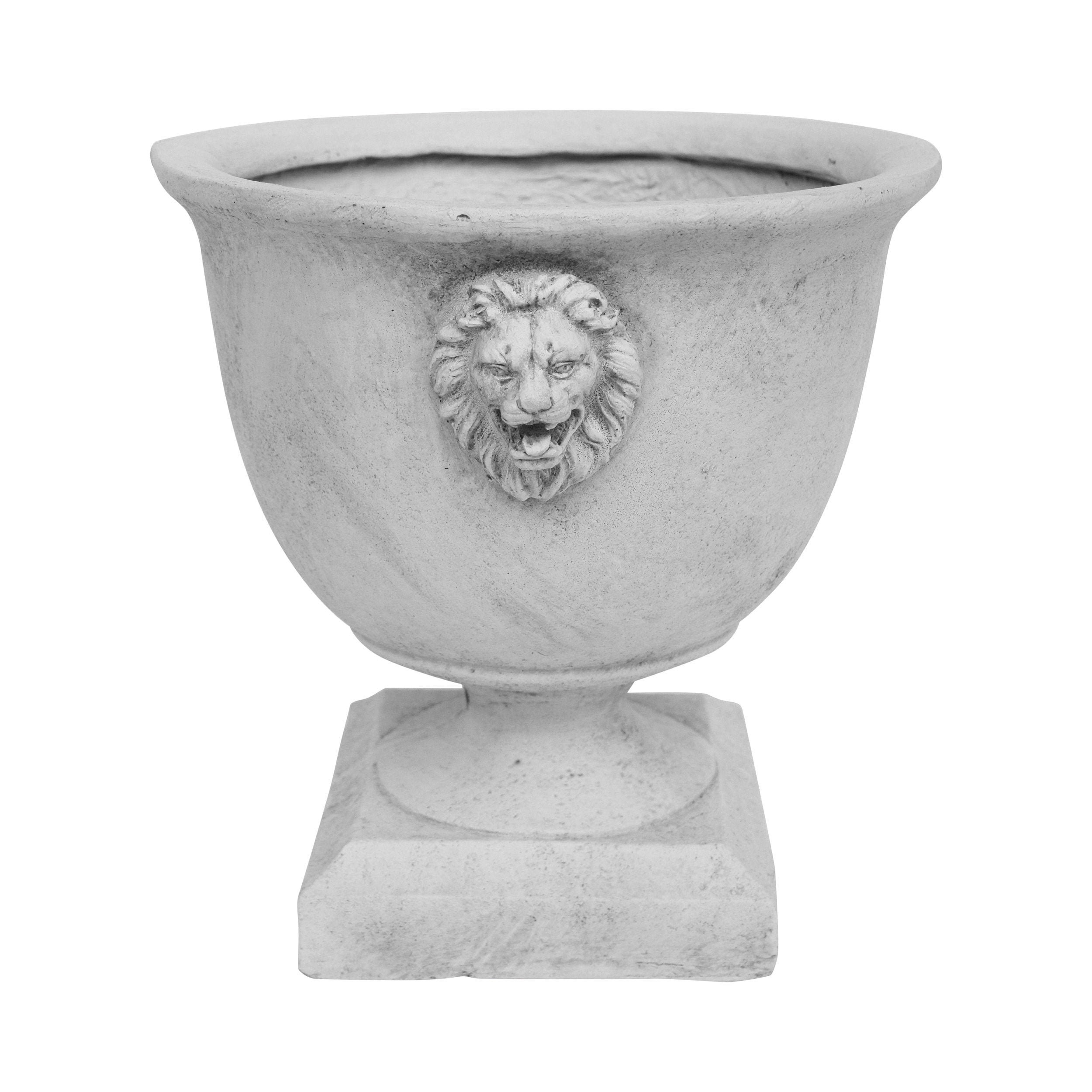 Montana Chalice Garden Urn Planter, Roman, Lionhead Accents, Lightweight Concrete