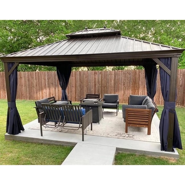 PURPLE LEAF Hardtop Aluminum Gazebo with Curtains and Netting  Double Roof Patio Gazebo