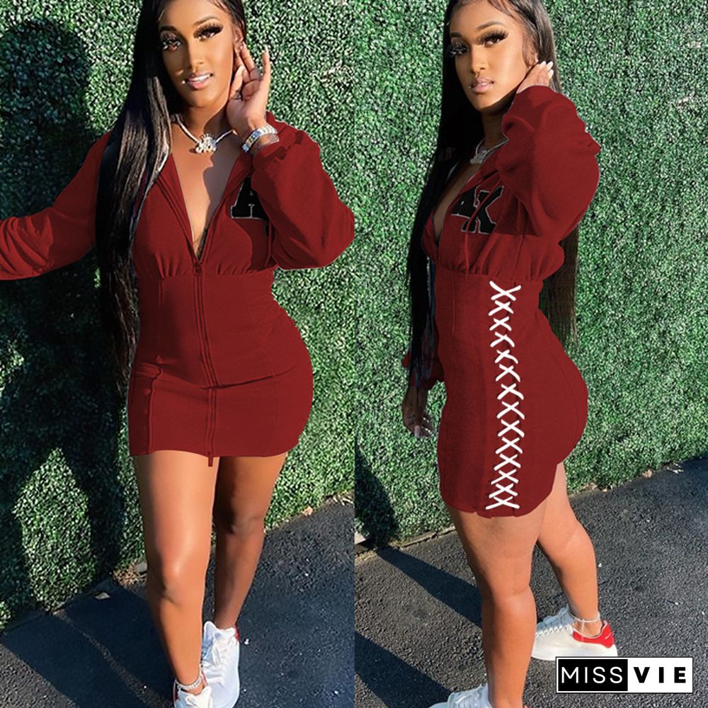 Sexy Zip-up Waist Strap Letter Print Hoodie Skinny Dress