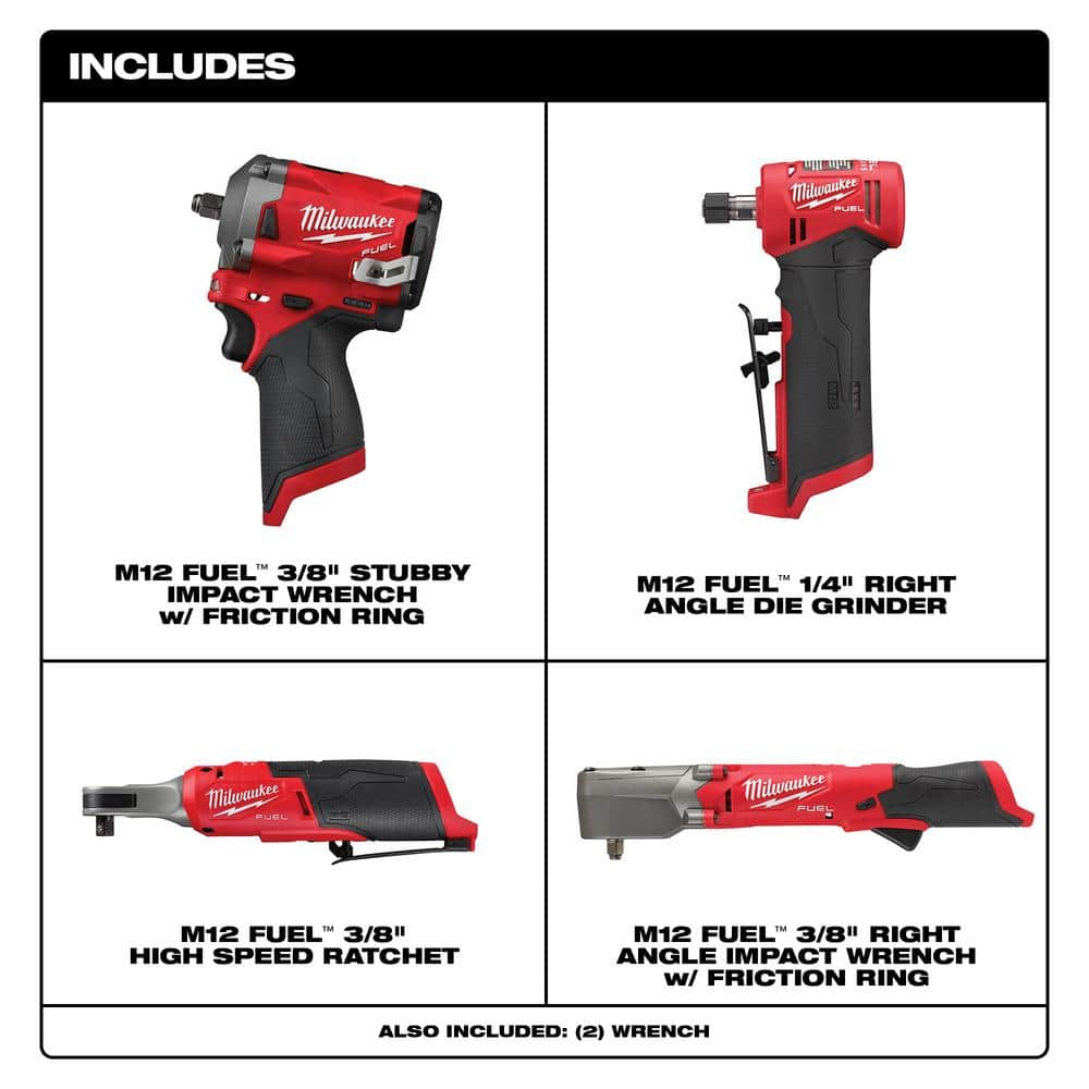 Milwaukee M12 FUEL 12V Li-Ion Cordless 3/8 in. Impact Wrench with Right Angle Impact Wrench, High Speed Ratchet & Die Grinder 2554-20-2564-20-2567-20-2485-20