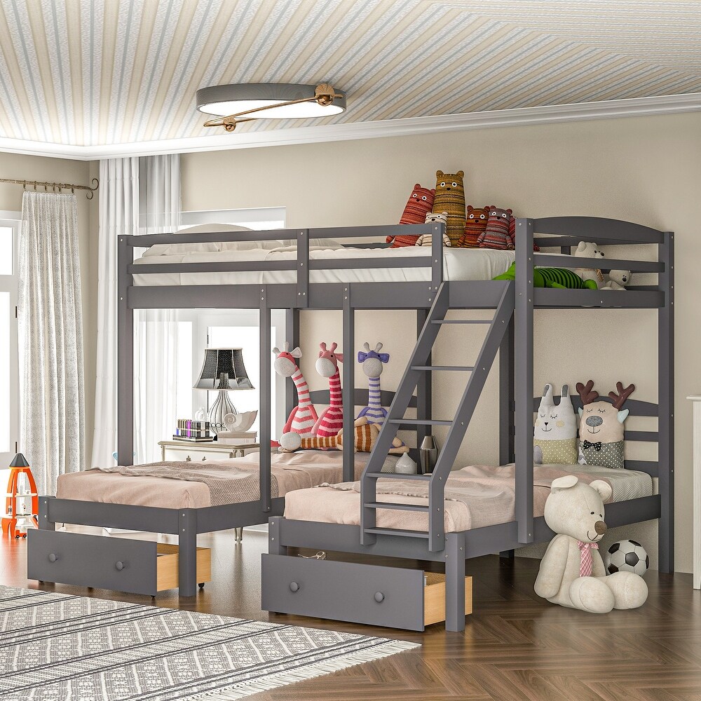 Gray Full over Twin   Twin Bunk Bed Triple Bunk Bed with Drawers