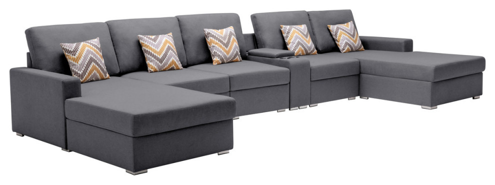 Nolan Fabric Double Chaise Sectional Charging Port Console 2 Type Leg   Contemporary   Sectional Sofas   by Lilola Home  Houzz