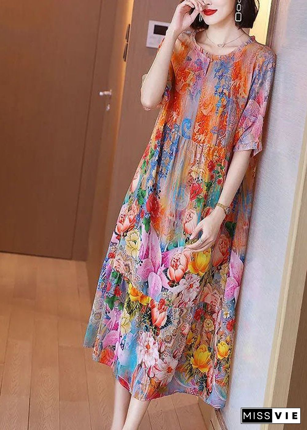 Women Orange Ruffled Print Silk Beach Dress Summer