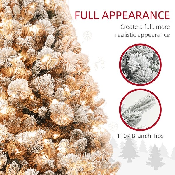 HOMCOM 6.5 ft PreLit Artificial Christmas Tree with 350 Clear Lights and 1107 Tips，Snow Flocked Christmas Tree