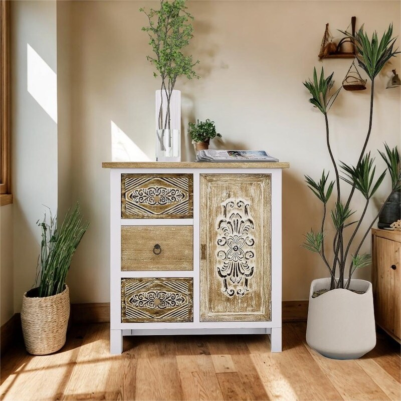 Vintage Hand Carved Storage Cabinet with 3 Drawers and 1 Door  Accent Sideboard with Versatile Storage  White Washed