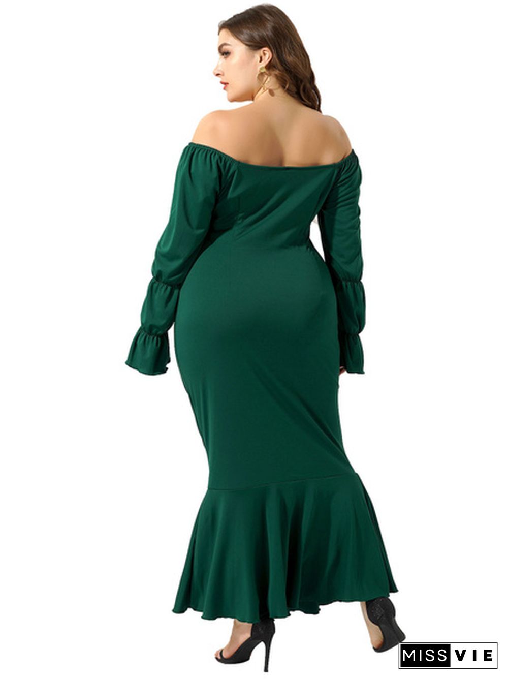 Pure Color Front Ruffle Off Shoulder Long Sleeves Bottom Of Fish Tail Solid Color Elegant Long Dresses Spring Clothing #XL-4XL