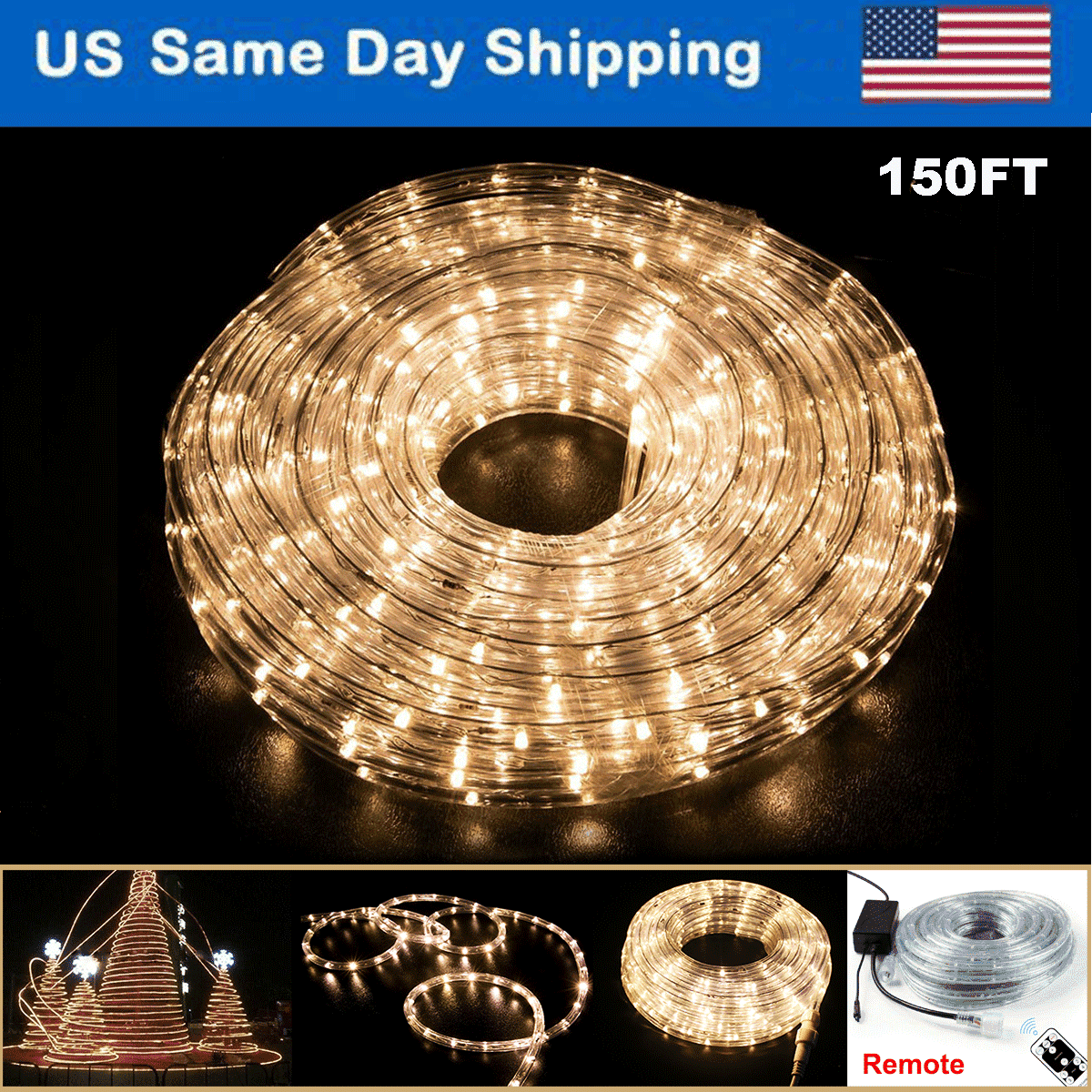 150 ft LED Rope Lights with Remote Controller 4 Lighting Mods Warm White LED Rope String Light Party LED Flexible Fairy Lights for Indoor Outdoor Bedroom Pool Party Wedding Garden Decoration