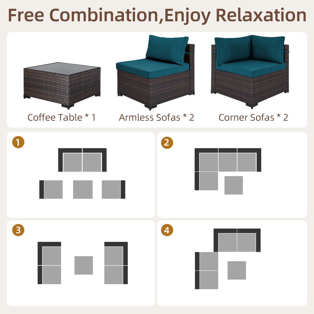 UPHA 5 piece Cushioned Wicker Patio Conversation Seating Set with Coffee Table