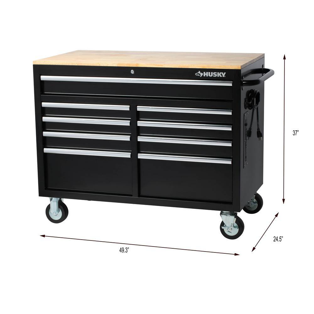 Husky 46 in.W x 51 in. D Standard Duty 9-Drawer Mobile Workbench with Solid Top Full Length Extension Table in Black HOTC4609B15M