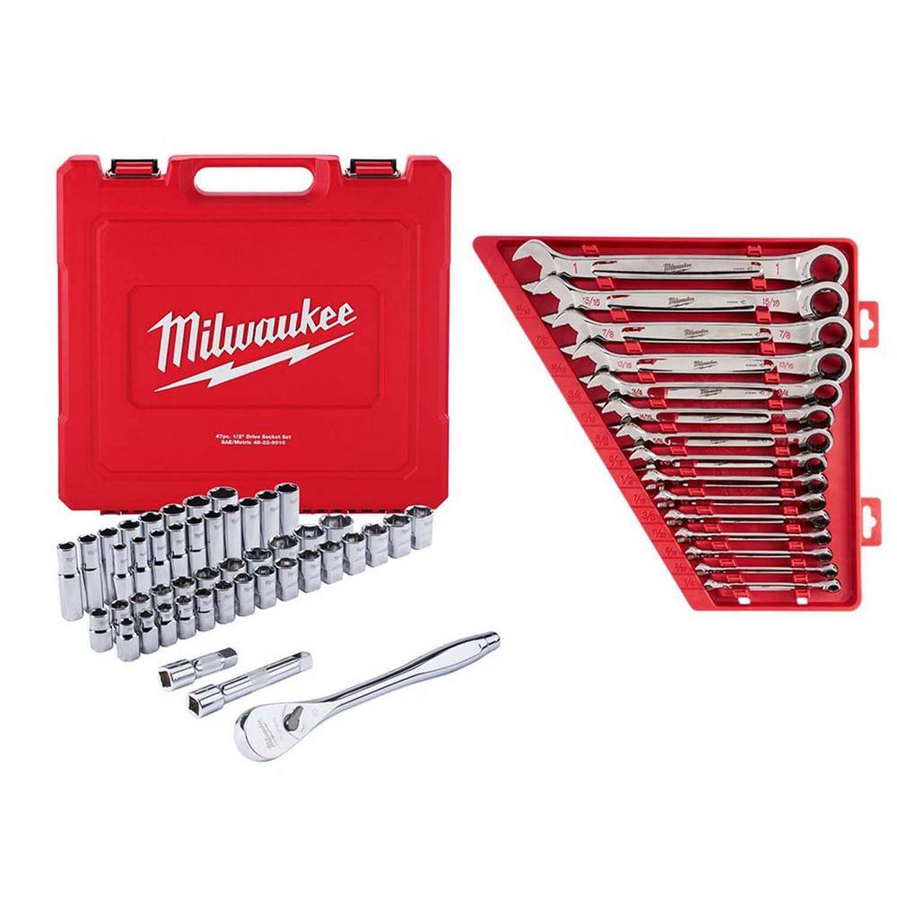 MW 12 in. Drive SAEMetric Ratchet and Socket Mechanics Tool Set with SAE Combination Ratcheting Wrench Set (62-Piece) 48-22-9010-48-22-9416