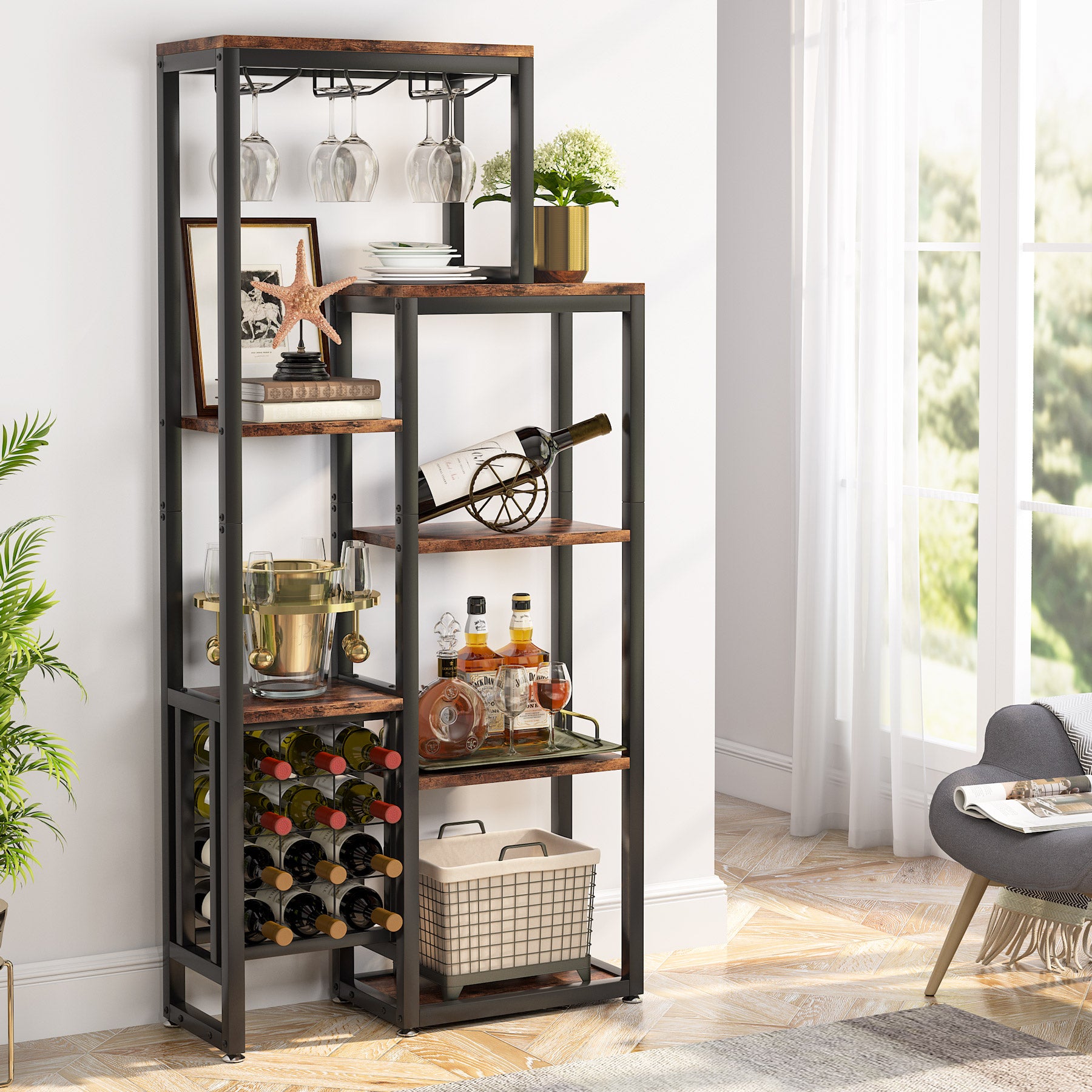 Industrial Wine Rack, 5-Tier Freestanding Wine Display Shelf