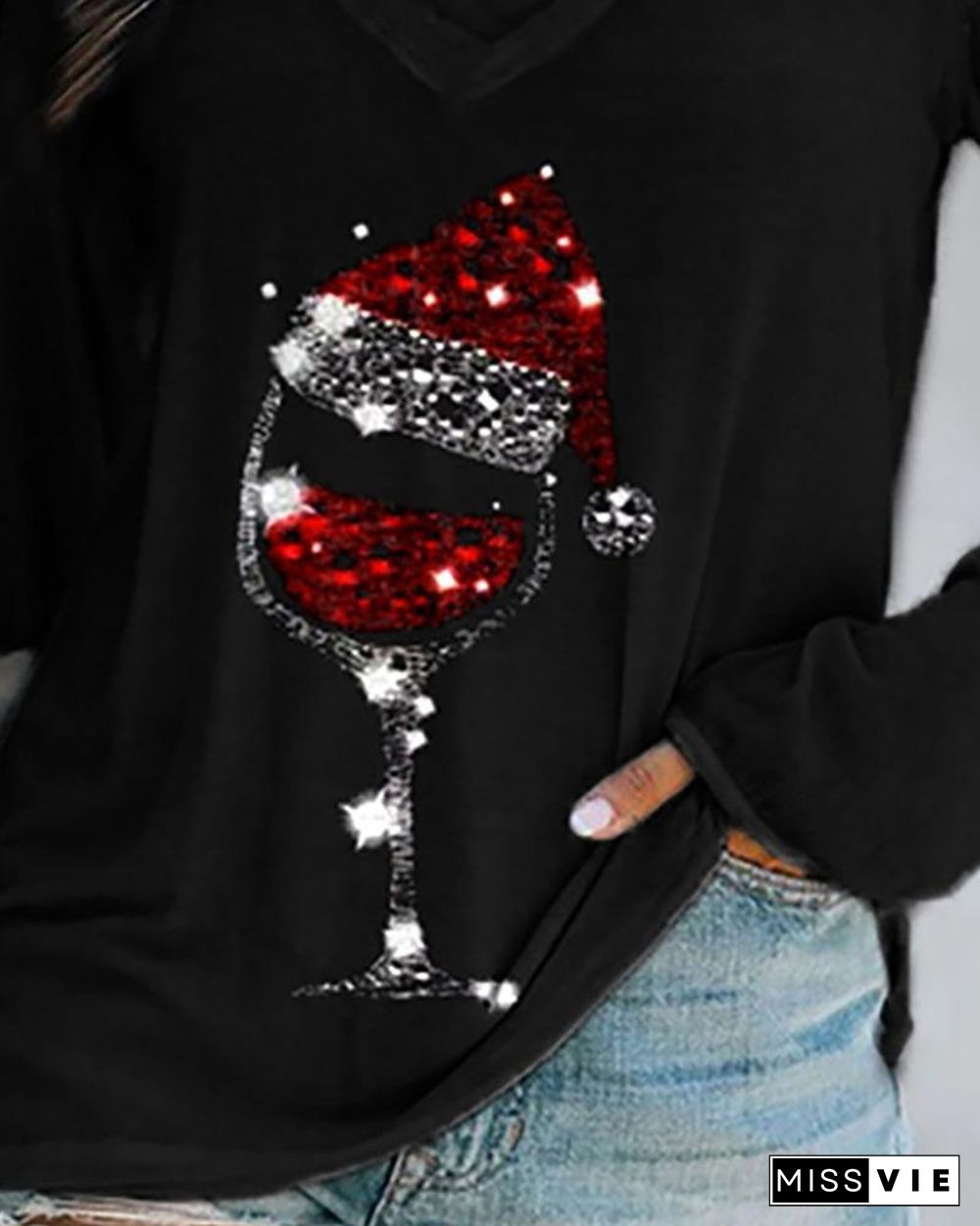 Christmas Wine Glass Print Casual Sweatshirt P10841