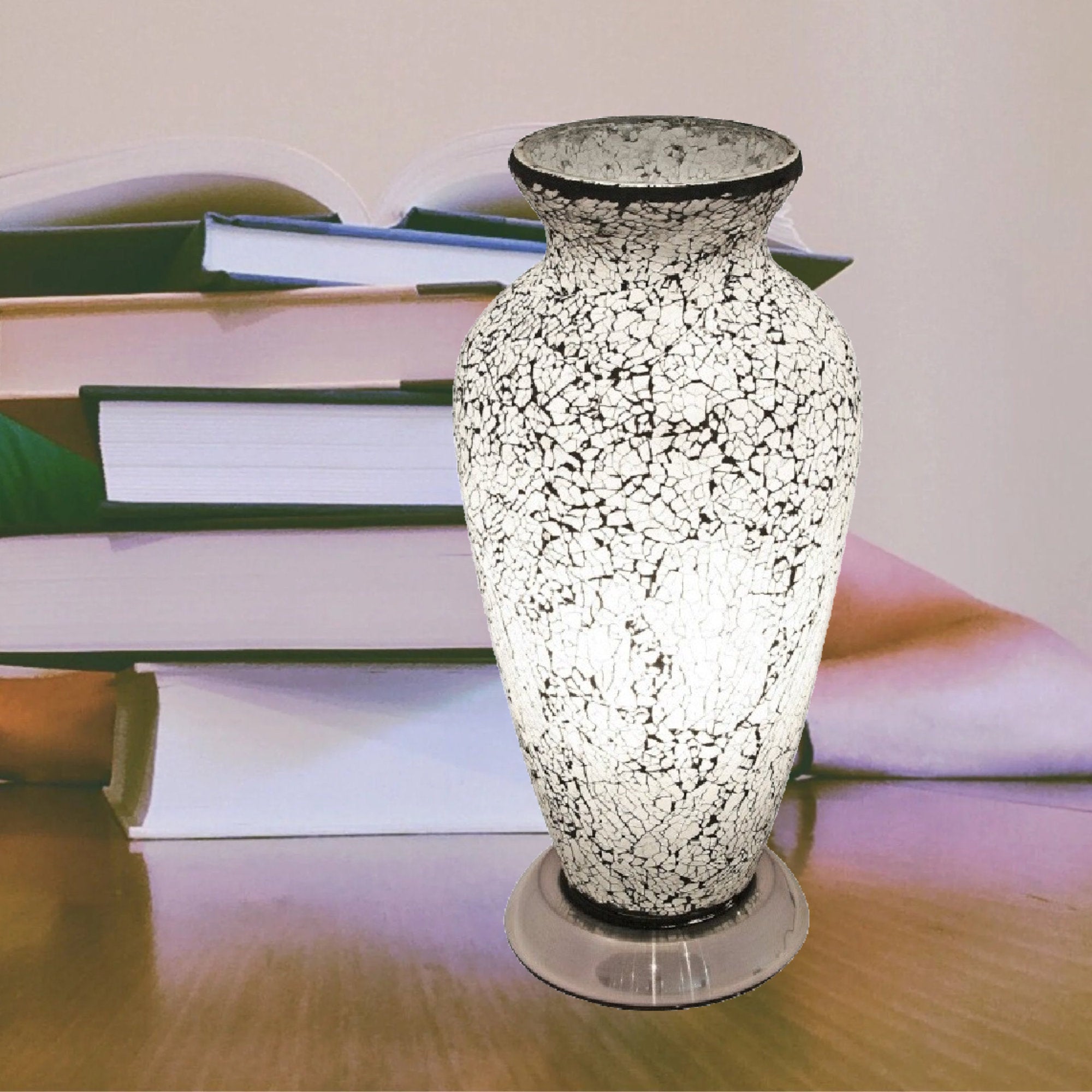 Britalia 880482 White Crackle Mosaic Glass Vintage Vase Table Lamp 38cm