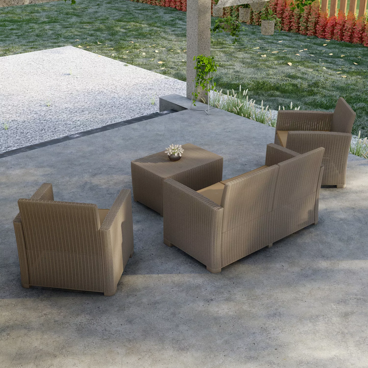 Dukap Alta All Weather Faux Rattan Loveseat， Coffee Table and Chair 4-piece Set