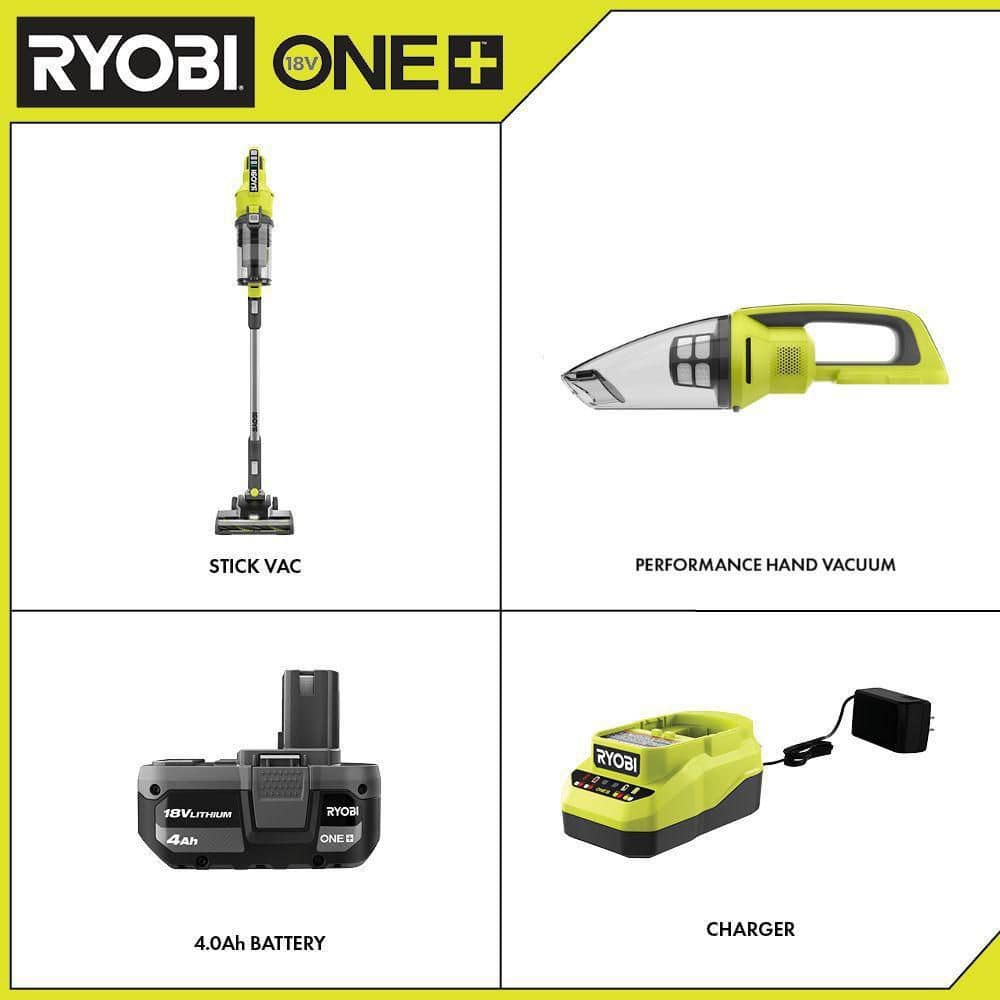 RYOBI ONE+ 18V Cordless Stick and Hand Vacuum Cleaner (2-Piece) with 4.0 Ah Battery and Charger PCL720KHV1