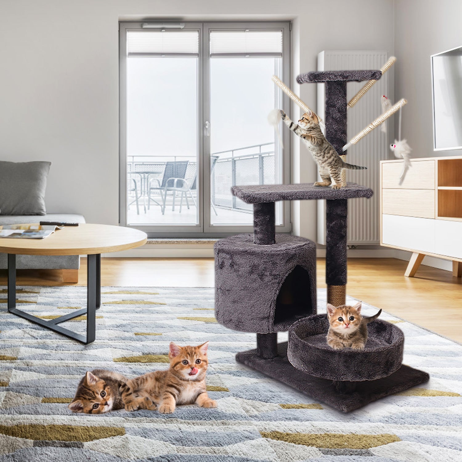 Walchoice Dark Gray Cat Tree Tower， Cat Furniture Activity Center with Scratching Post， 34.6” x 19.7” x 13.8”