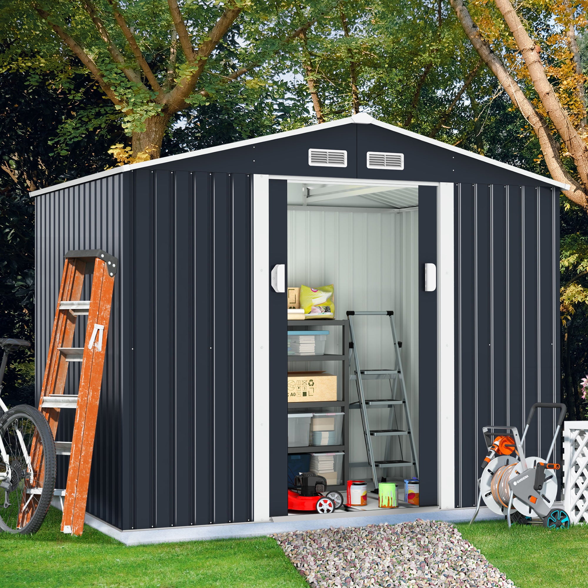 Jaxpety 6.3 x 9.1 ft Large Garden Storage Shed Galvanized Steel Outdoor Tool House with Sliding Door, Roof and 4 Vents, Dark Gray