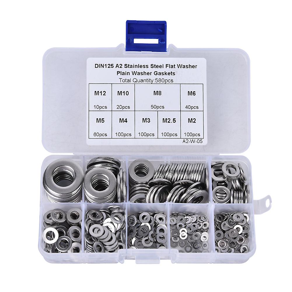 580 Pcs Stainless Steel Flat Washers 9 Sizes M2-m12 Washers Assortment Set For Home And Factories